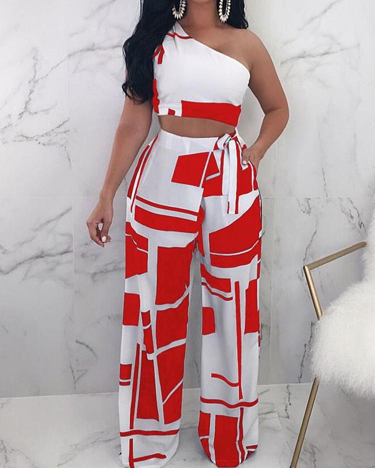 

Colorblock One Shoulder Cropped Wide Pants Set, Red