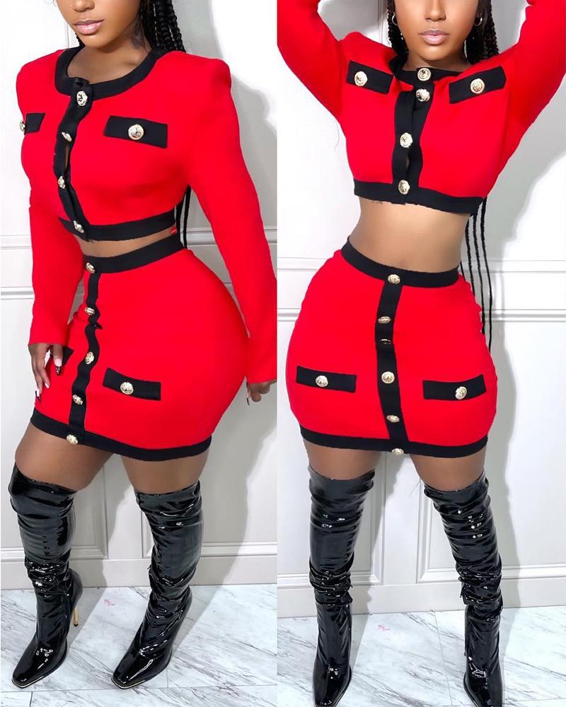 

Contrast Paneled Buttoned Crop Top & Skirt Set, Red