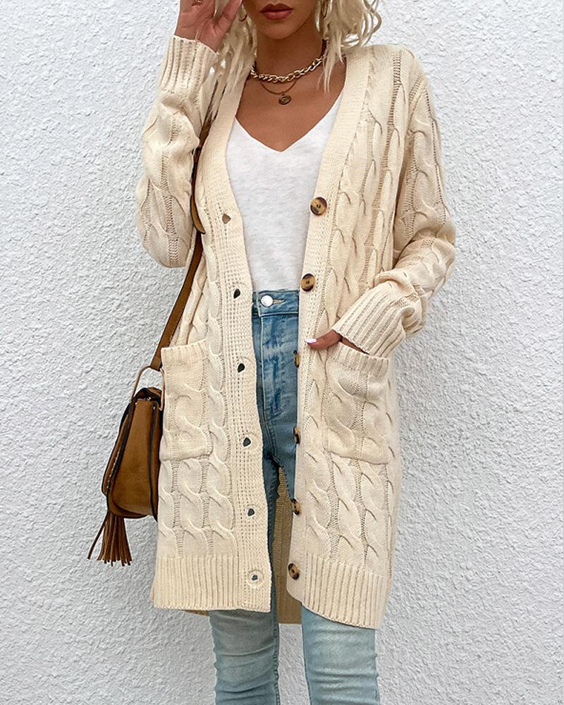 

Long Sleeve Button Up Cable Knit Cardigan, White