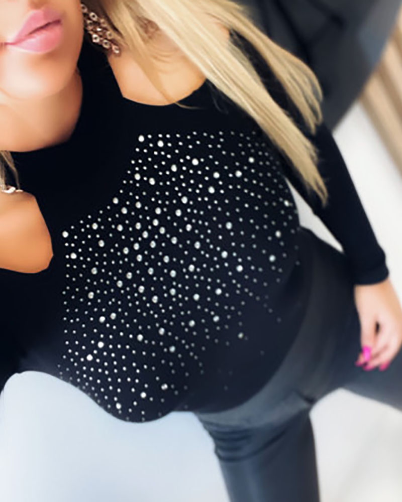 

Cold Shoulder Rhinestone Long Sleeve Top, Black