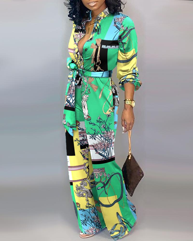

Scarf Print Long Sleeve Belted Jumpsuit, Green