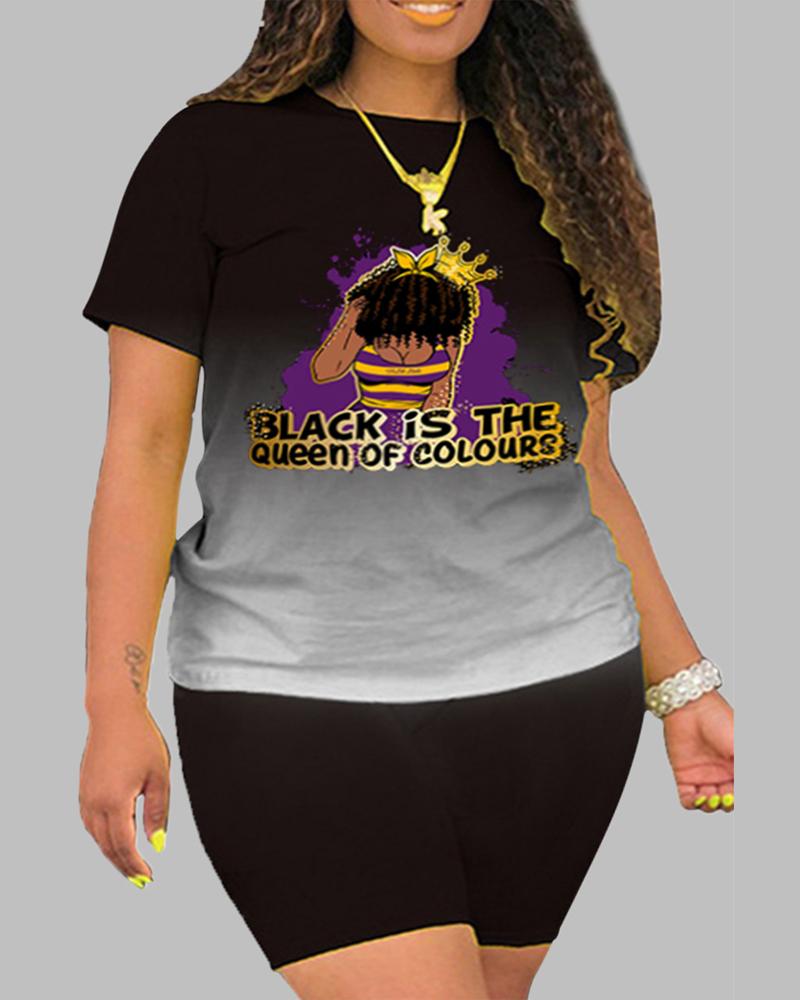 

Plus Size Letter Figure Print Ombre Top & Shorts Set, Black