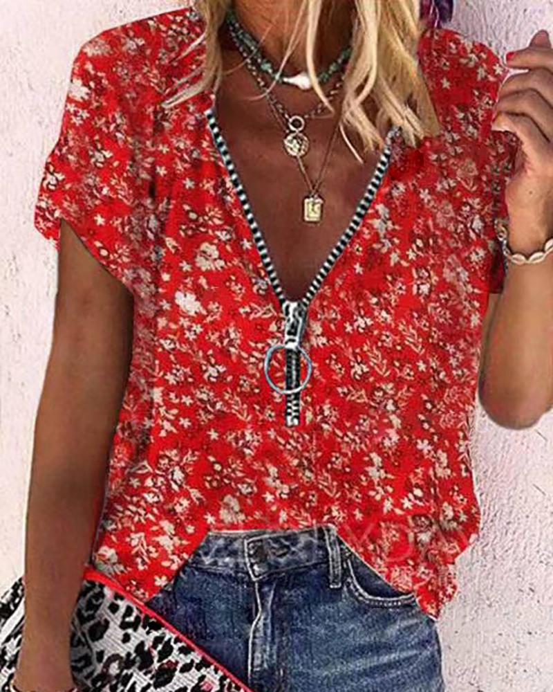 

Floral Print Zipper Design Short Sleeve Top, Red