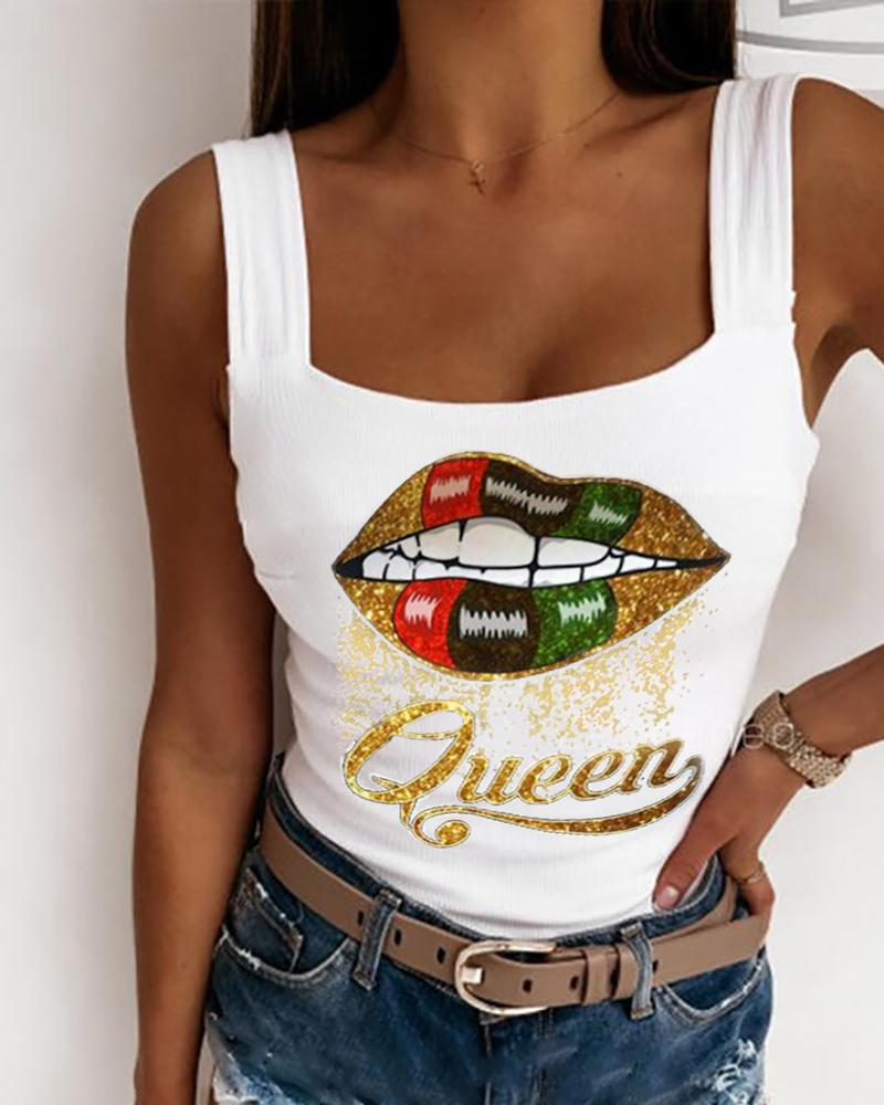 

Lip Letter Print Square Neck Ribbed Top, White