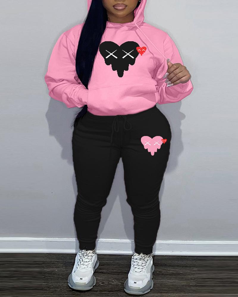 

Plus Size Valentine's Day Heart Print Hoodie & Pants Set, Pink