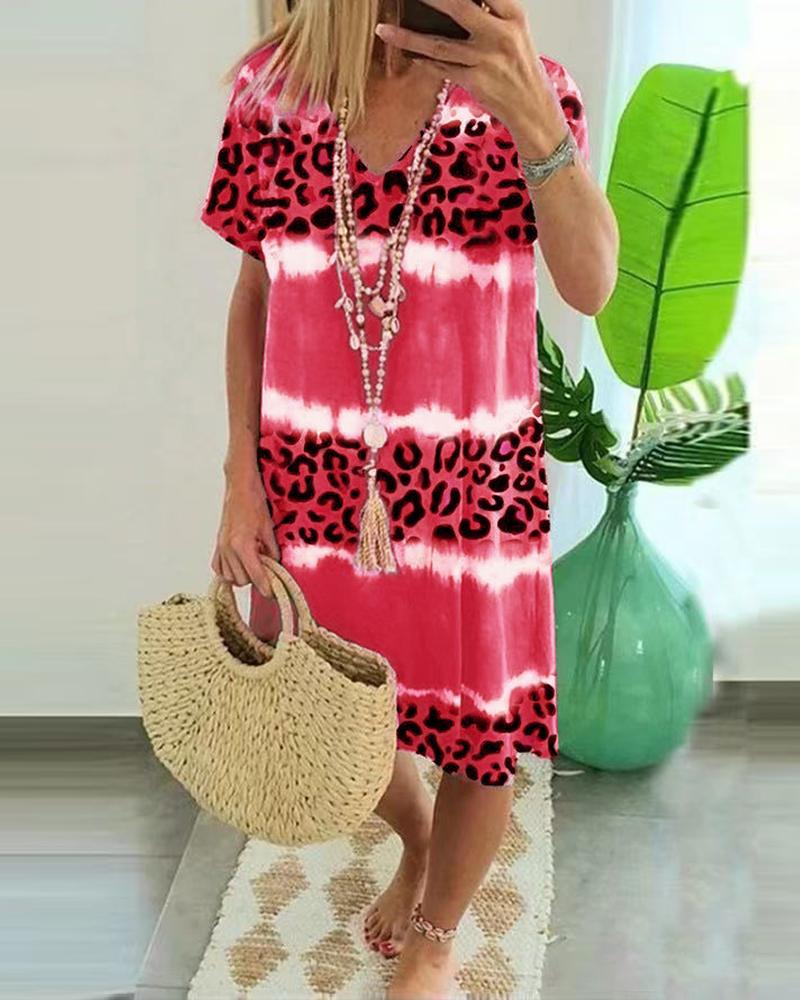 

Leopard Tie Dye Print Casual Dress, Pink