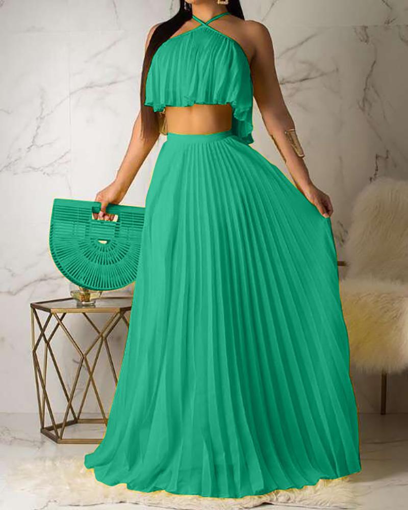 

Solid Sleeveless Cropped Tanks With A-line Pleated Loose Skirts Suit Sets, Green