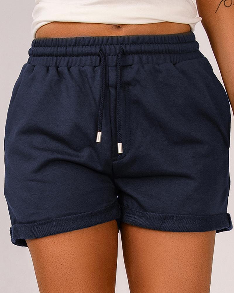 

Pocket Design Rolled Hem Drawstring Waist Shorts, Blue