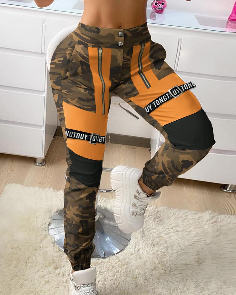 

Camouflage Letter Print Colorblock High Waist Cargo Pants, Camoflage