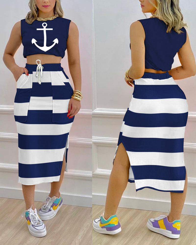 Anchor Print Crop Tank Top & Split Hem Striped Skirt Set