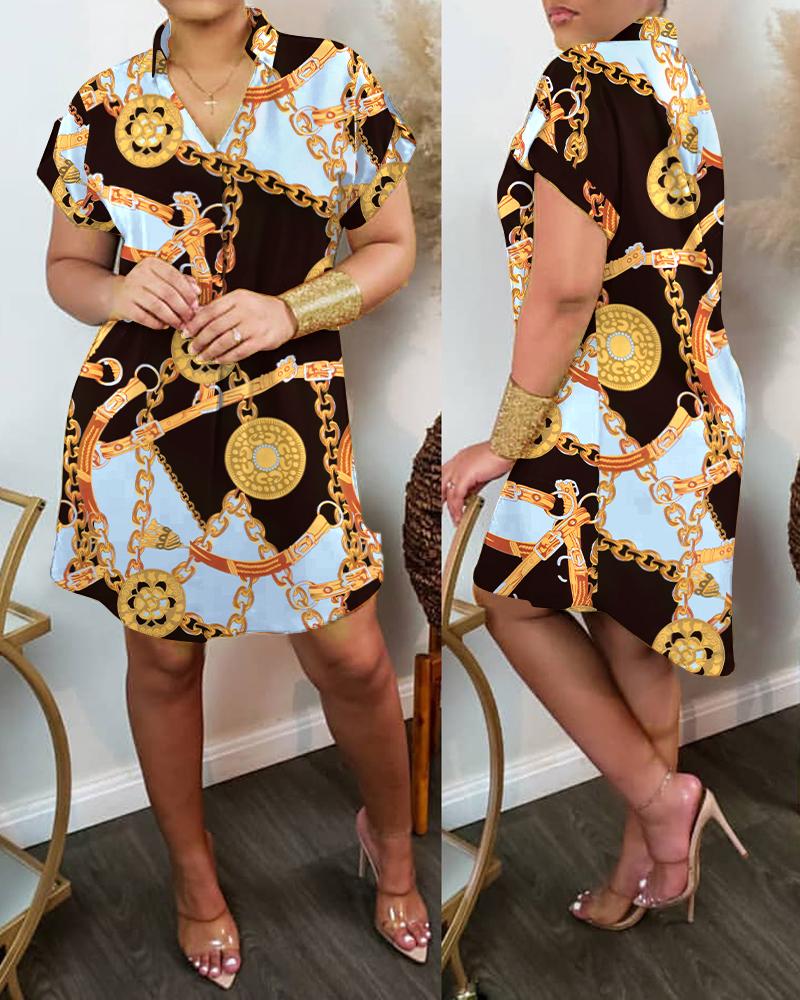 

Chain Print Roll Up Sleeve Shirt Dress, Black