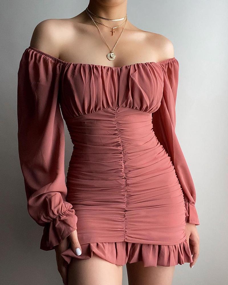 

Off Shoulder Ruched Bell Sleeve Ruffles Dress, Pink