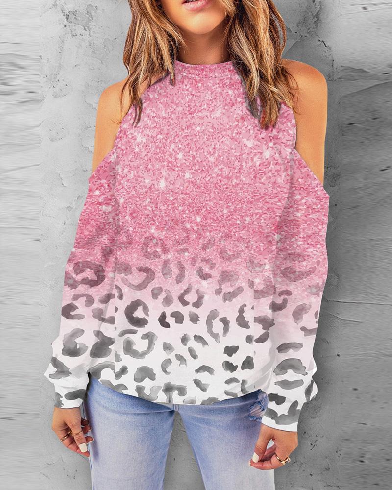 

Leopard Print Cold Shoulder Top, Pink