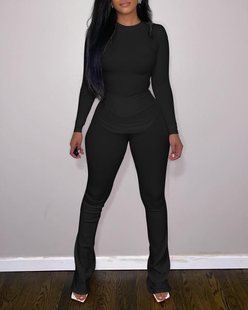 

Ribbed Long Sleeve Top & Pants Set, Black