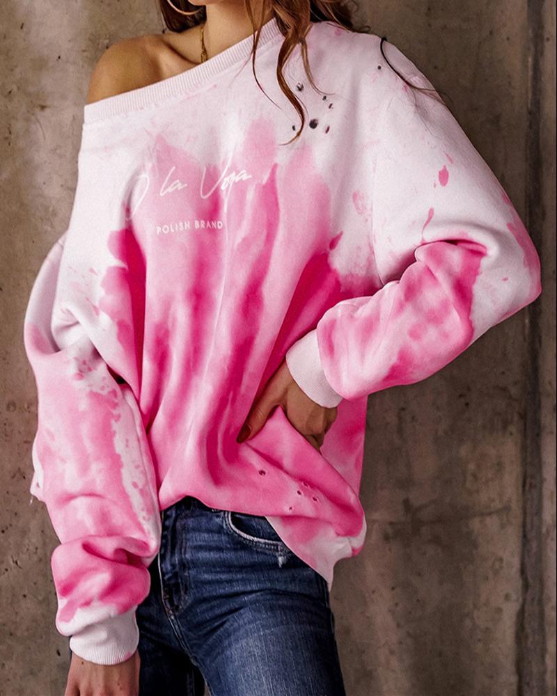 

Long Sleeve Letter Tie Dye Print Sweatshirt Round Neck Print Tops, Pink