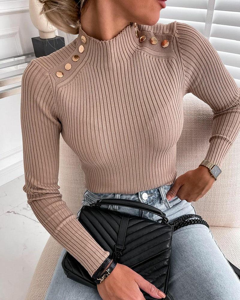 

Long Sleeve Button Decor Knit Top, Khaki