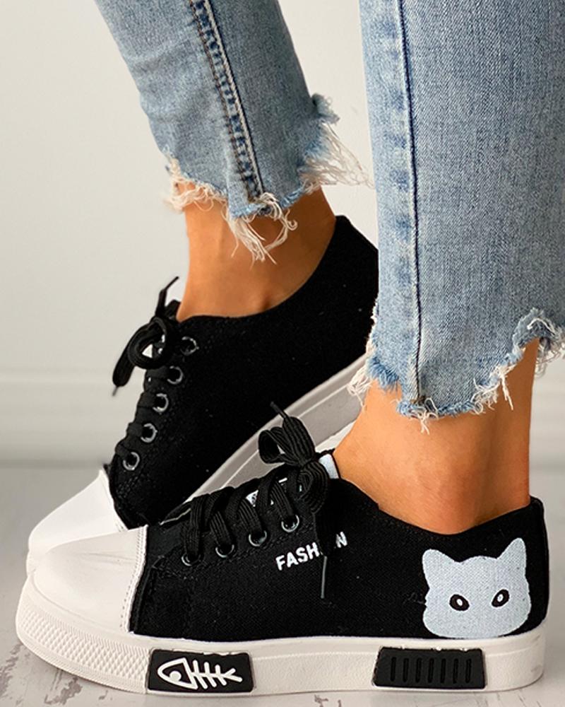 

Cat Graphic Print Eyelet Lace-up Canvas Shoes, Black