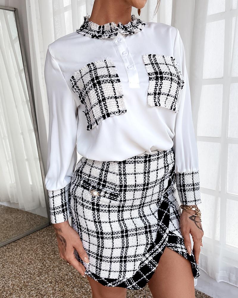 

Plaid Pattern Tweed Patch Top & Slit Skirt Set, White
