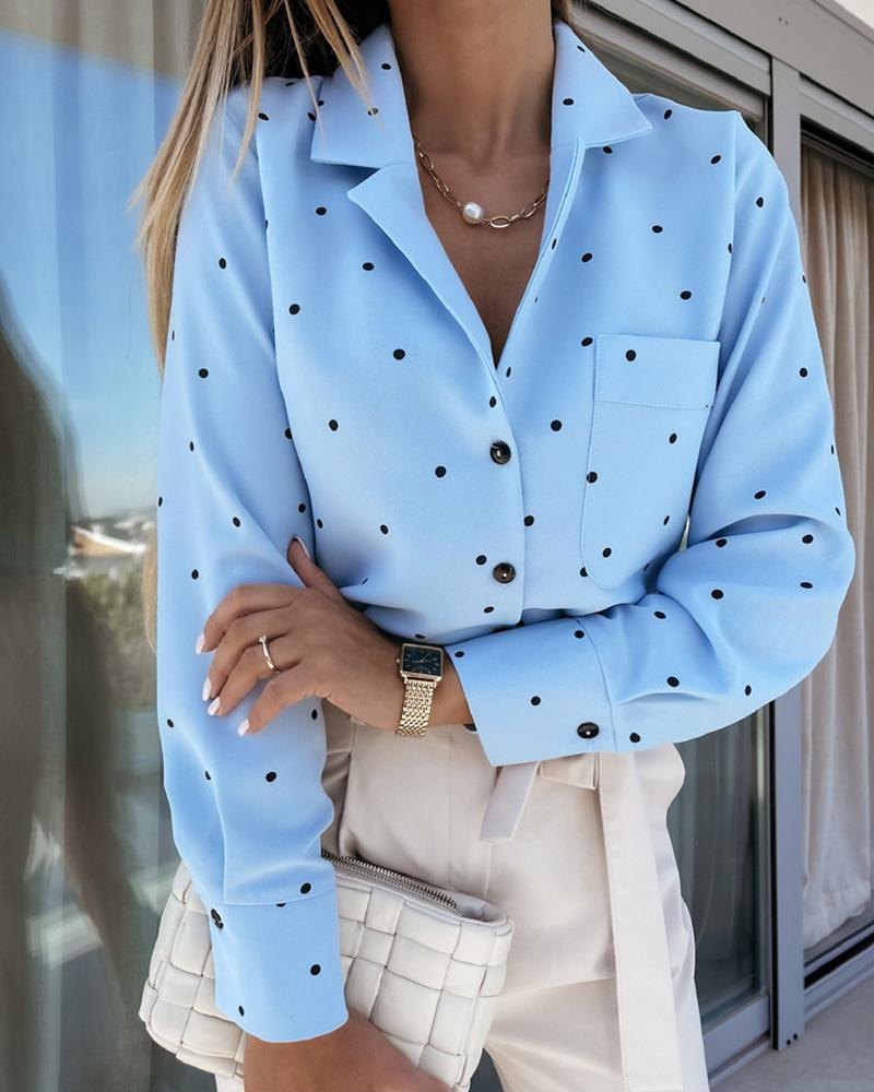 

Polka Dot Pocket Front Button Up Top, Blue