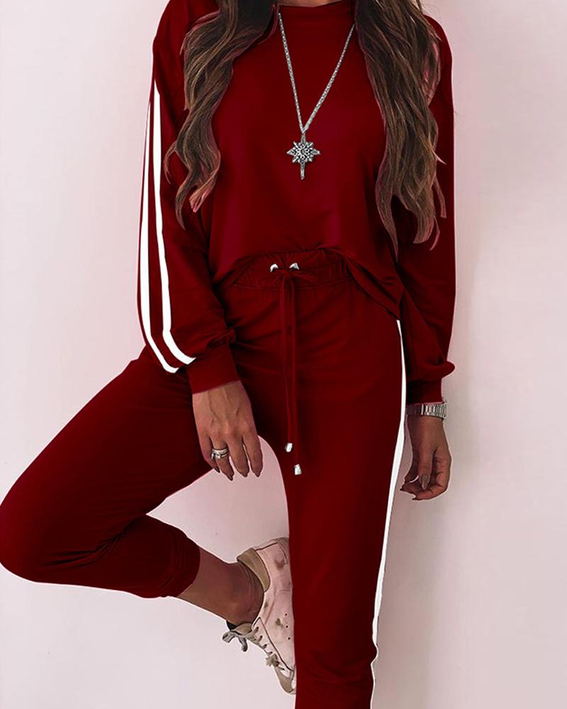 

Striped Long Sleeve Loose Suit Sets, Wine red