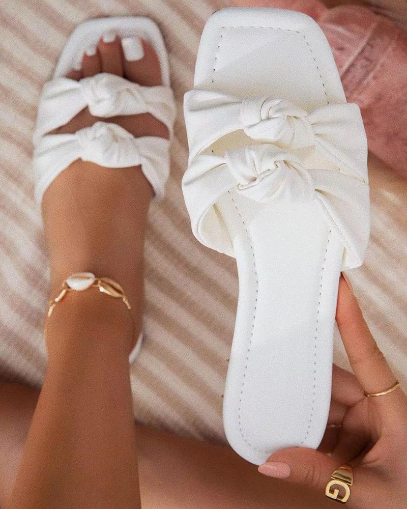 

Knotted Double Strap Square Toe Slippers, White