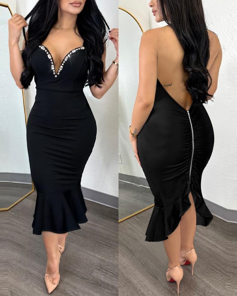 

Plunge Ruffles Rhinestone Backless Party Dress, Black