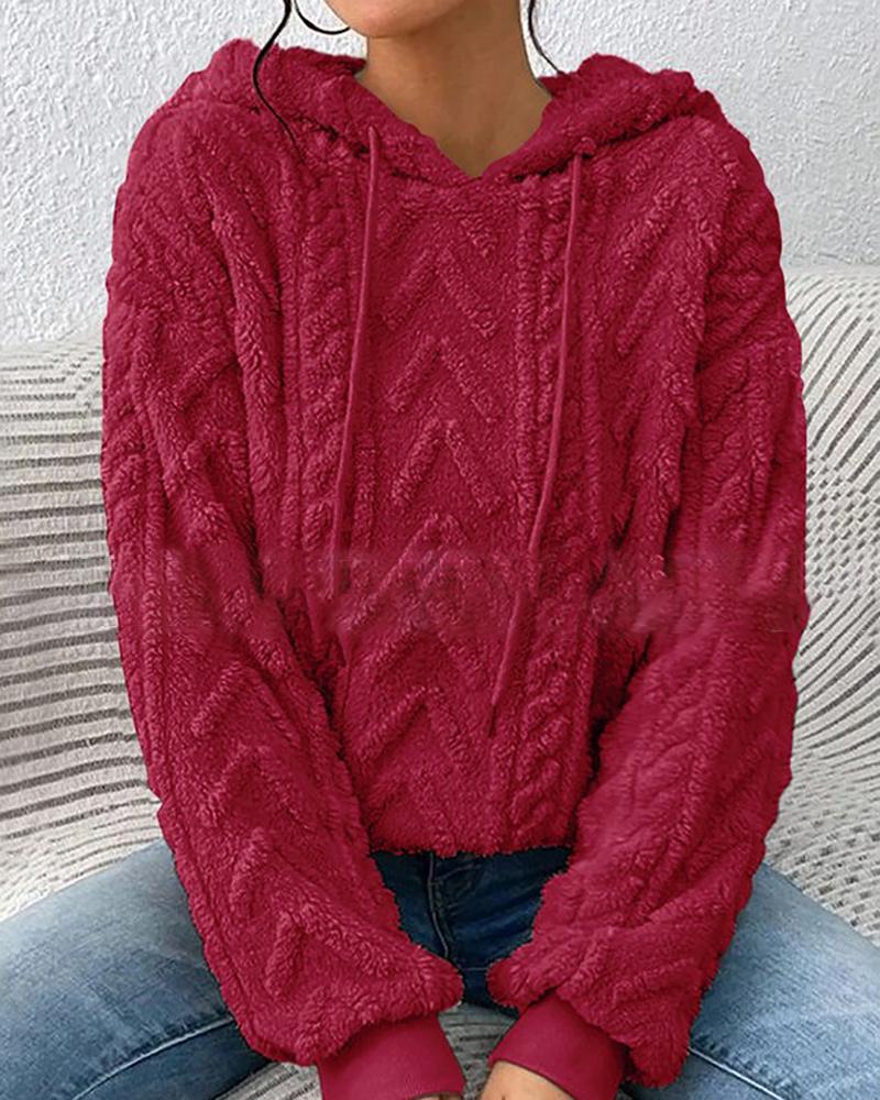 

Fuzzy Cable Textured Casual Hoodie, Wine red