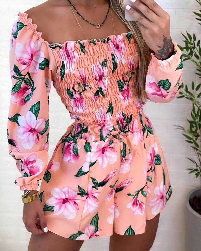 

Floral Print Shirred Lantern Sleeve Top & Shorts Set, Pink