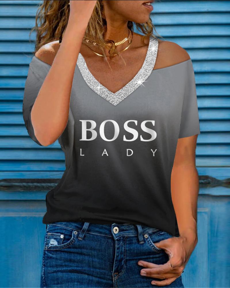

Cold Shoulder Studded Letter Print Short Sleeve Top, Black