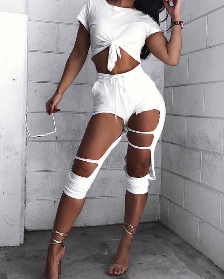 

Fashion Ripped Drawstring Waist Pants, Gray