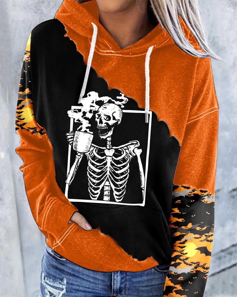

Halloween Skeleton Print Long Sleeve Hoodie, Orange