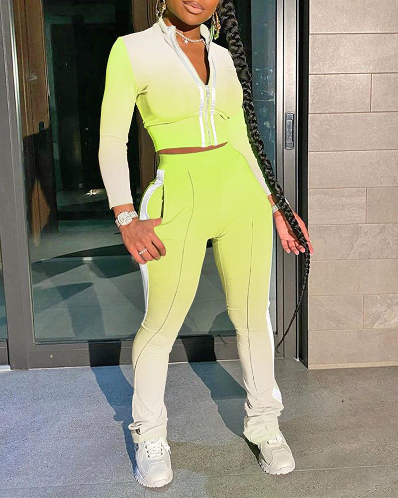 

Ombre Striped Long Sleeve Zip Up Coat & Pocket Pants Set, Green