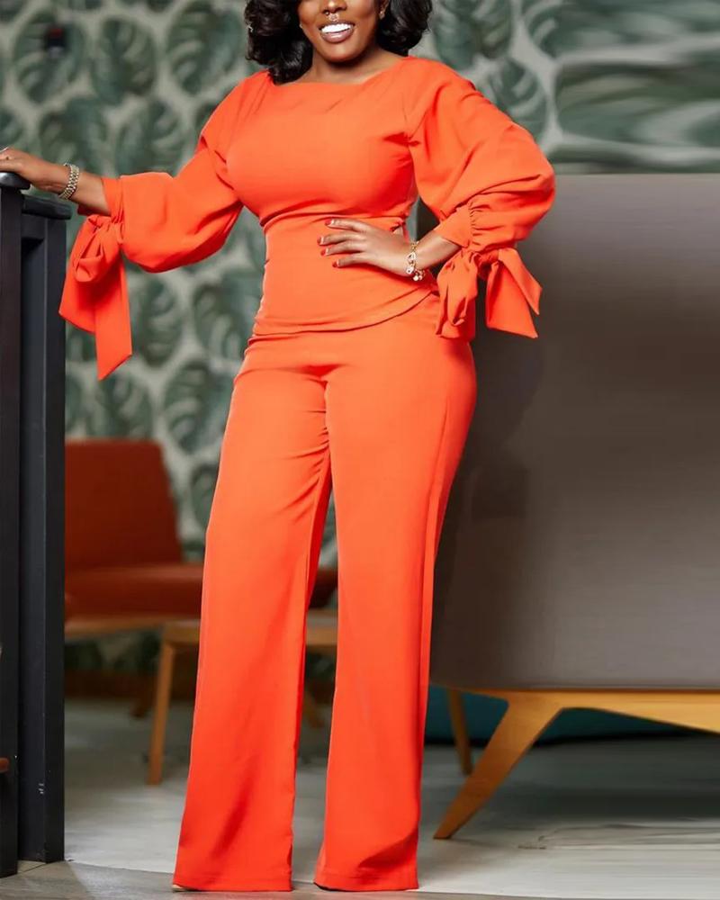 

Lantern Sleeve Tied Detail Top & Pants Set, Orange