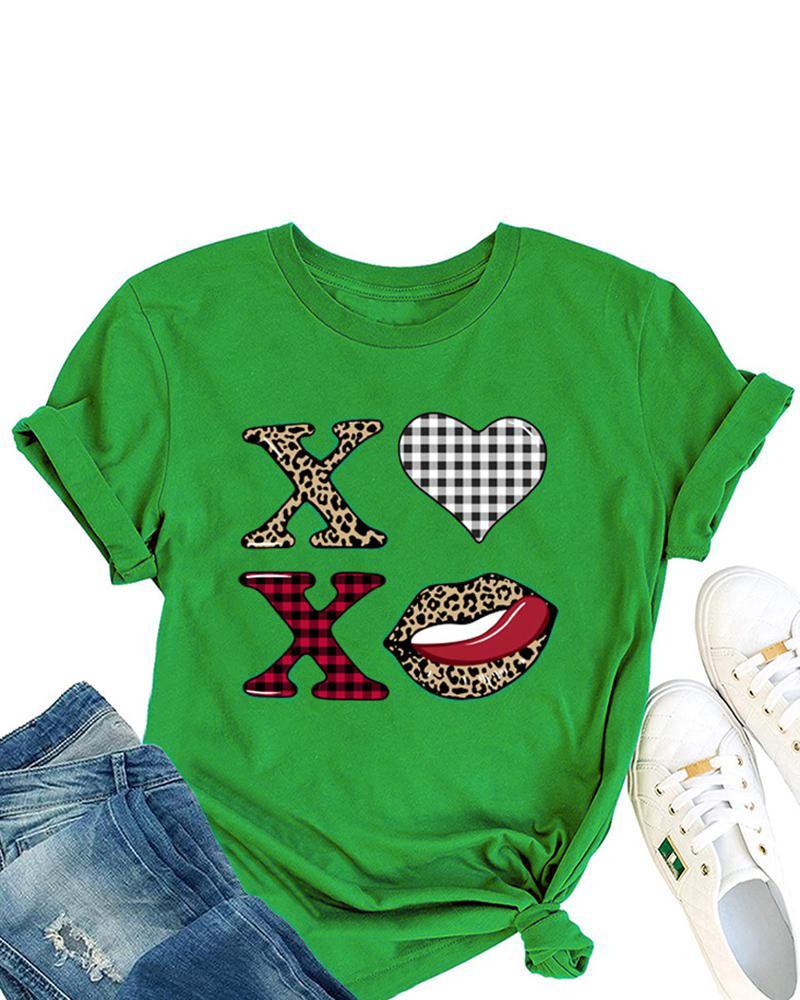 

Valentine' Day Lip Letter Heart Print Short Sleeve T-shirt, Green