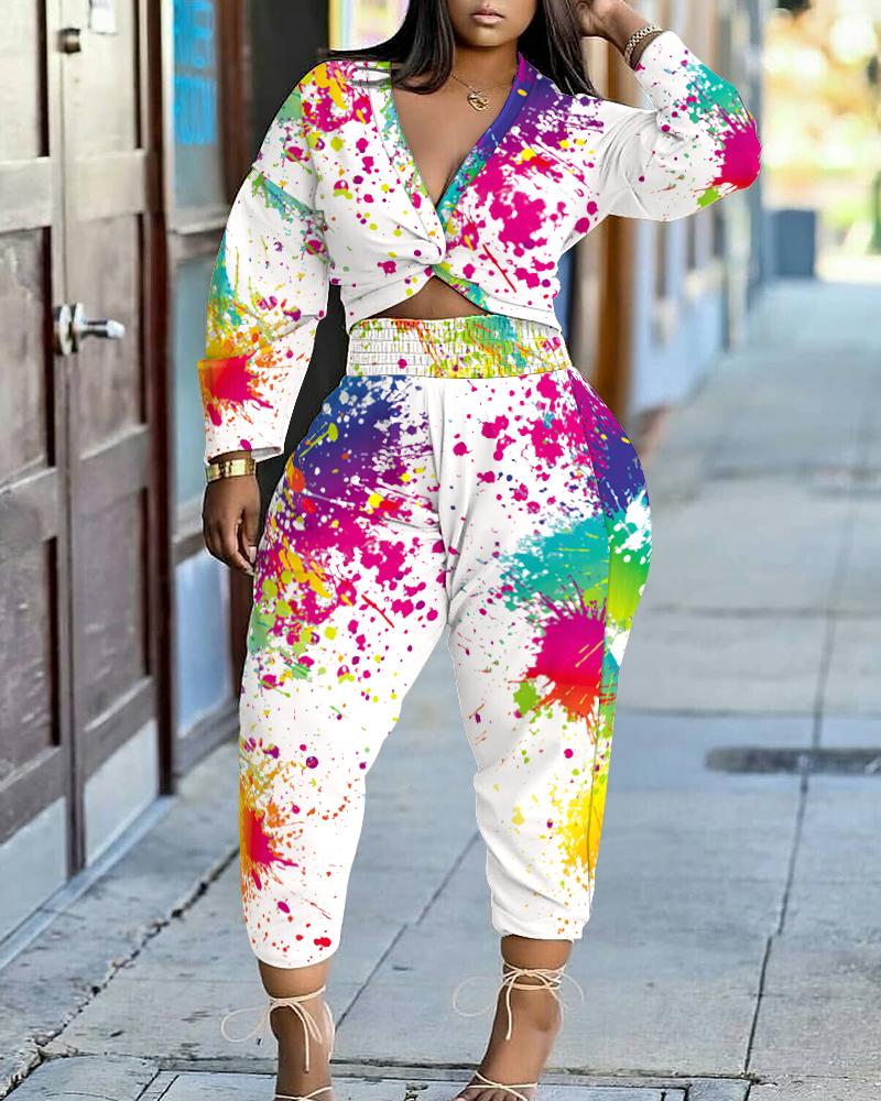 

Ink Splash Print Twisted Crop Top & High Waist Pants Set, White