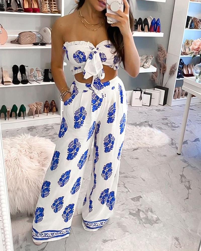 

All Over Print Bandeau Top & Pants Set, White