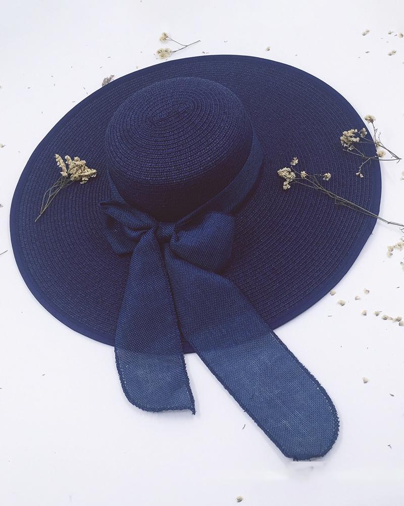 

Bowknot Decor Wide Brim Straw Hat, Purplish blue