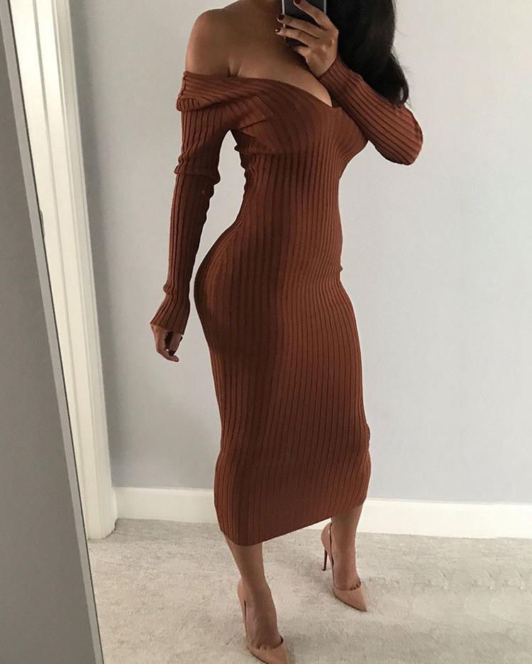 

Ribbed Slit Long Sleeve Skinny Midi Dress, Brown