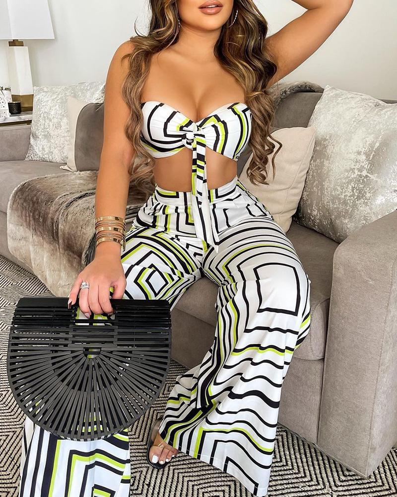 

Colorblock Bandeau Knotted Crop Top & Pants Set, White