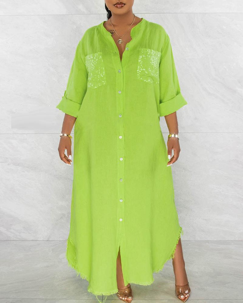 

Contrast Sequin Tassel Design Asymmetrical Shirt Dress, Yellow