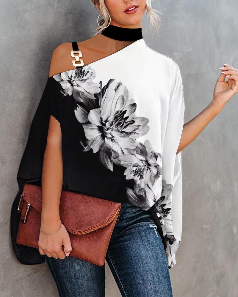 

Floral Print Colorblock Chain Strap Cold Shoulder Top, Blackwhite
