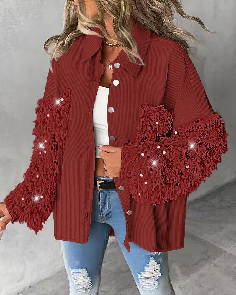 

Contrast Sequin Turn-down Collar Long Sleeve Tassel Design Fuzzy Shacket with Pocket, Red