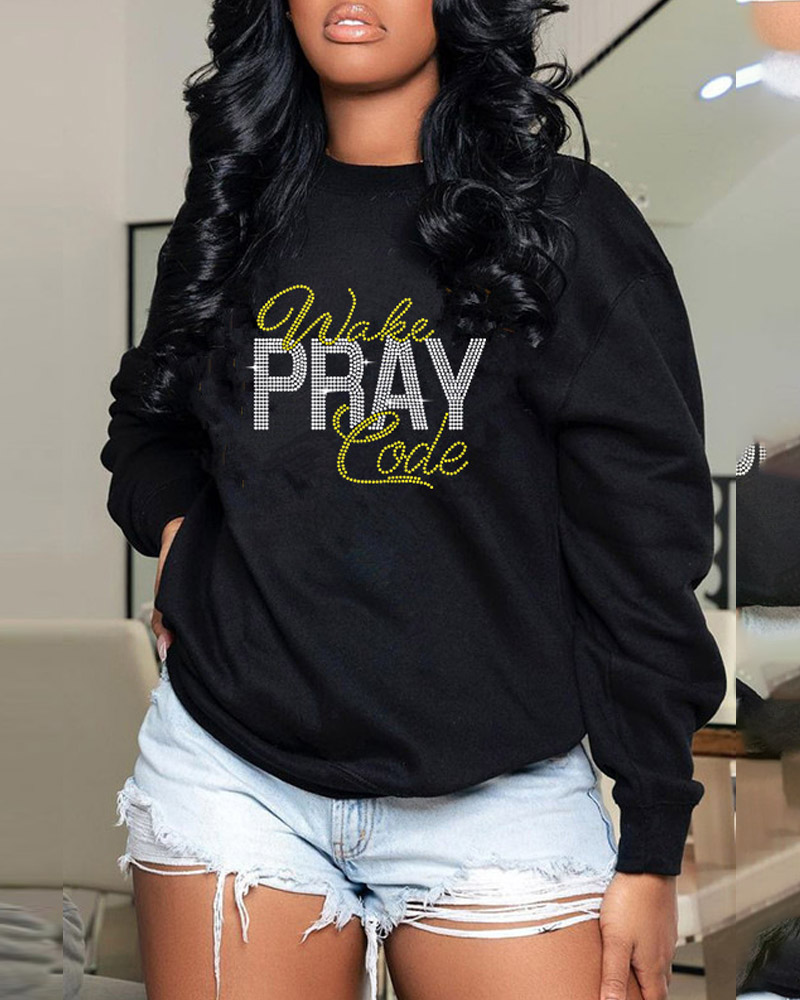 

Plus Size Rhinestone Letter Pattern Casual Sweatshirt, Black