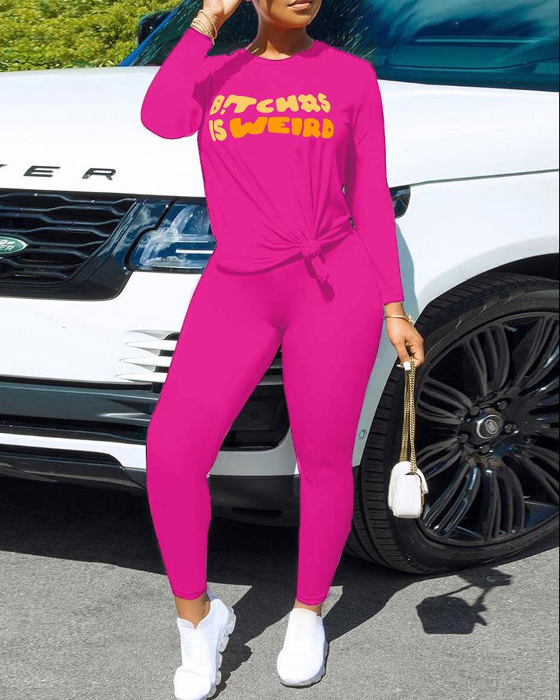 

Plus Size Letter Print Long Sleeve Top & Pants Set, Hot pink
