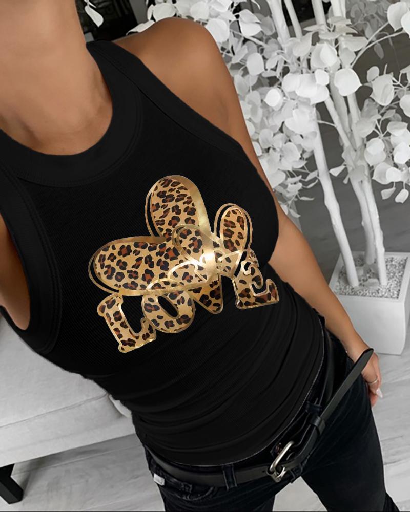

Regata com estampa de coração de leopardo e gola redonda, ajuste slim, blusa casual, Black