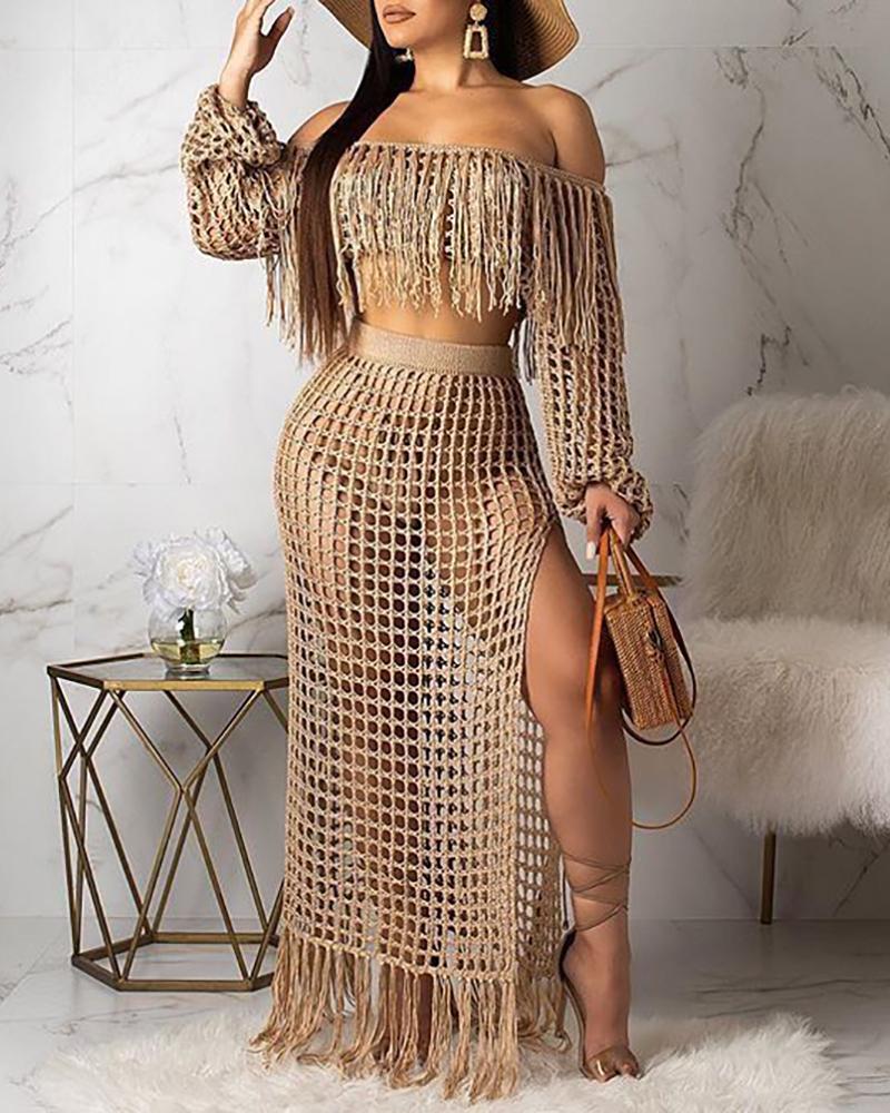 

Crochet Casual Mesh Tassel Beach Top & Skirt Sets Swimwear Cover-ups, Khaki