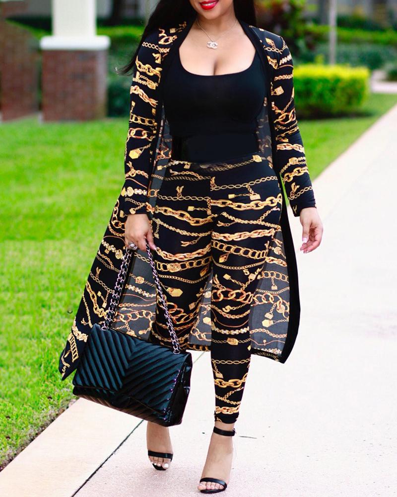 

Chain Print Long Sleeve Coat & Pants Set, Gold