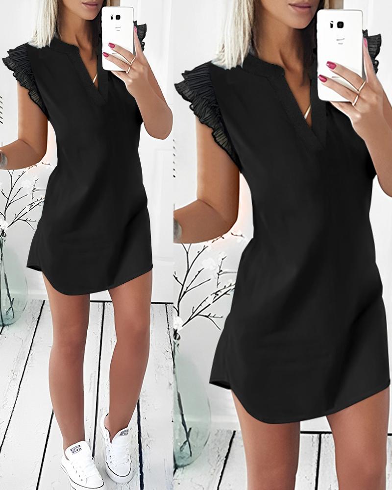 

Lace Patch Flutter Sleeve Buttoned Shirt Dress, Black