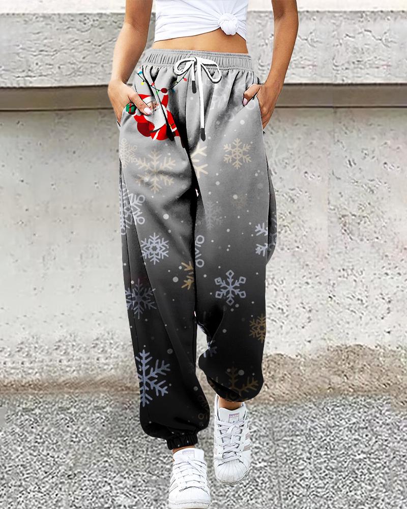

Christmas Snowflake Santa Claus Print Cuffed Pants, Gray
