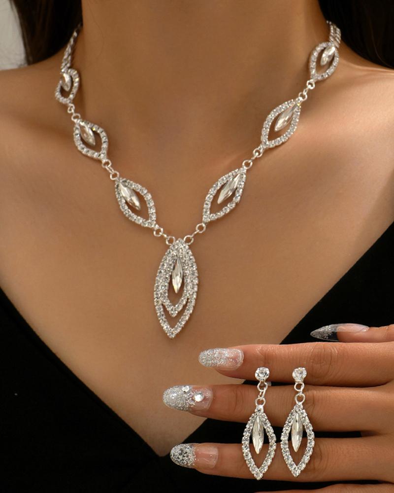 

2PCS Rhinestone Eye Shaped Pendant Necklace & Drop Earrings Evening Party Wedding Jewelry Set, White